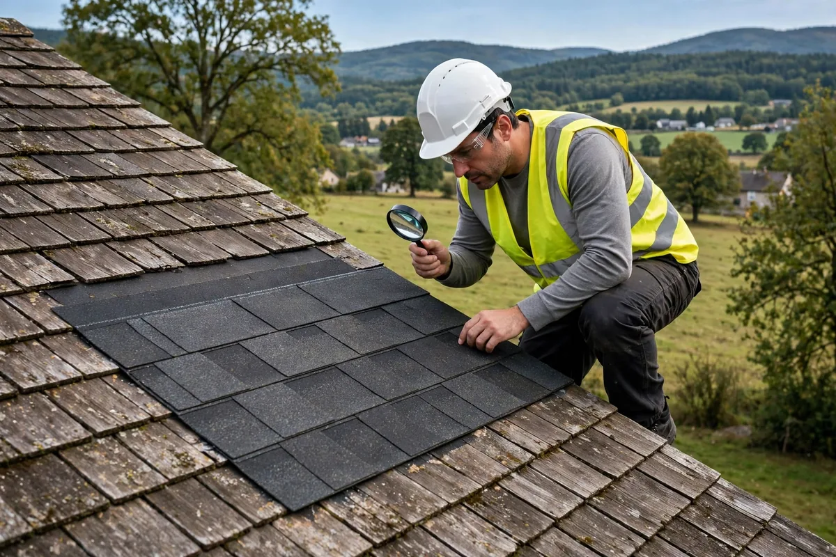 Inspector checking freshly repaired shingles with a magnifying lens.