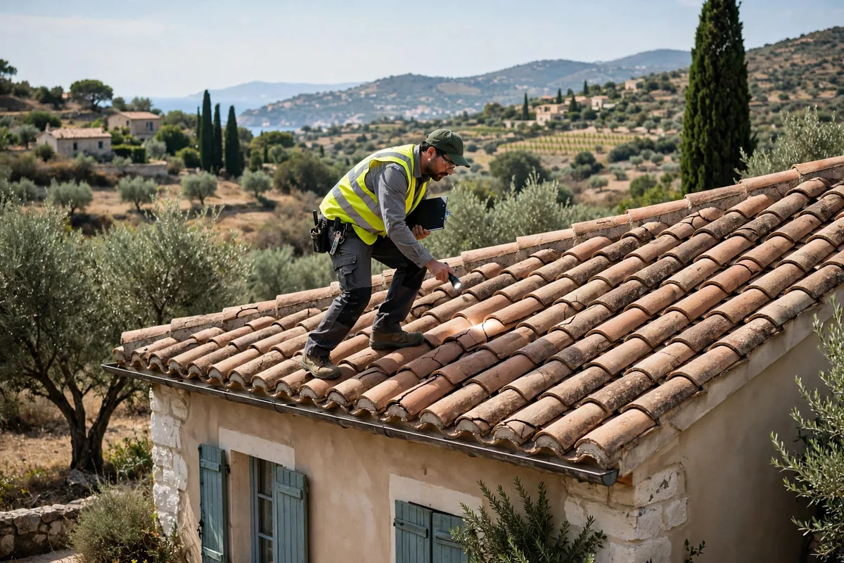 Inspector walking a curved clay tile roof checking for cracks.